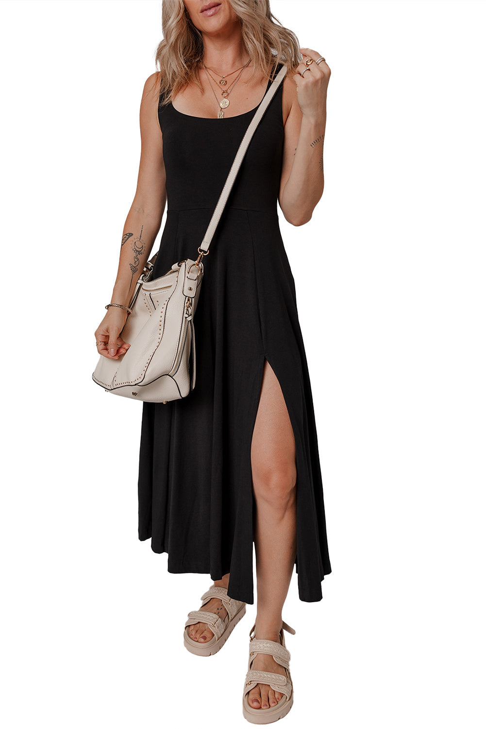 Black Sleeveless Scoop Neck Flared Split Midi Dress - MAD RUFFI