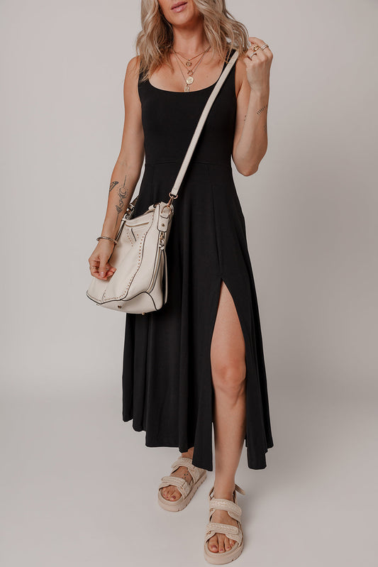 Black Sleeveless Scoop Neck Flared Split Midi Dress - MAD RUFFI