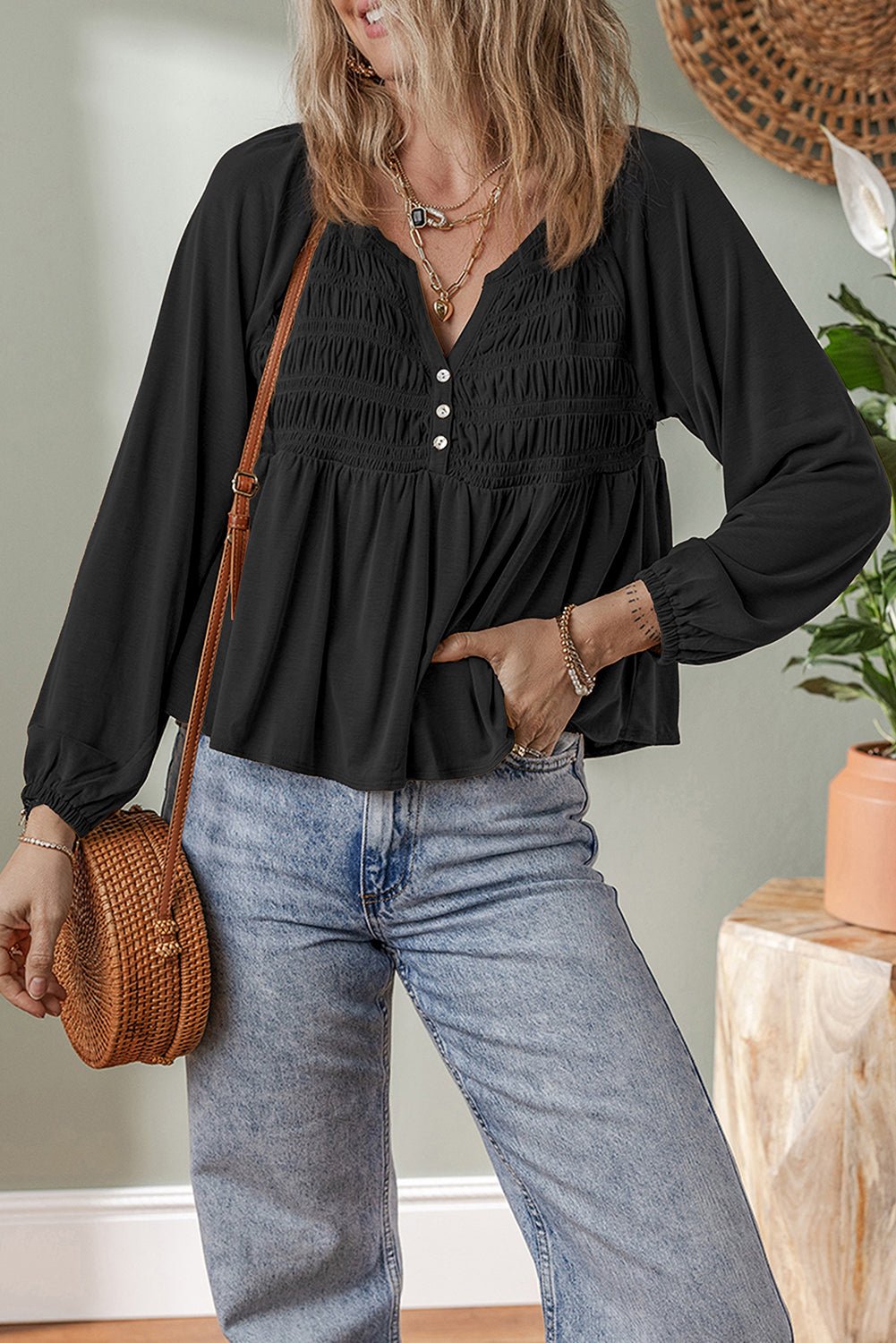 Black Smocked Bust Buttoned Split V Neck Flowy Blouse - MAD RUFFI