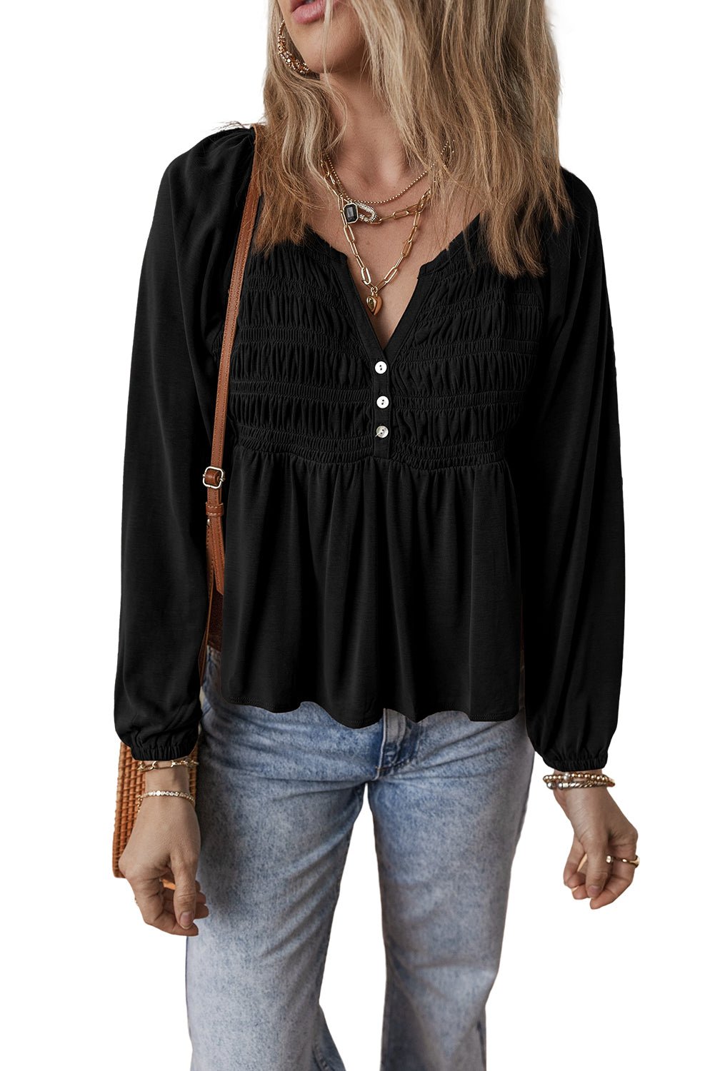 Black Smocked Bust Buttoned Split V Neck Flowy Blouse - MAD RUFFI