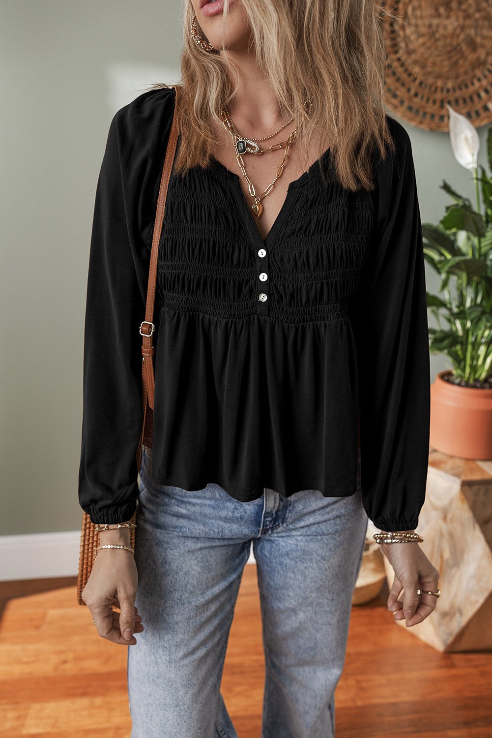 Black Smocked Bust Buttoned Split V Neck Flowy Blouse - MAD RUFFI