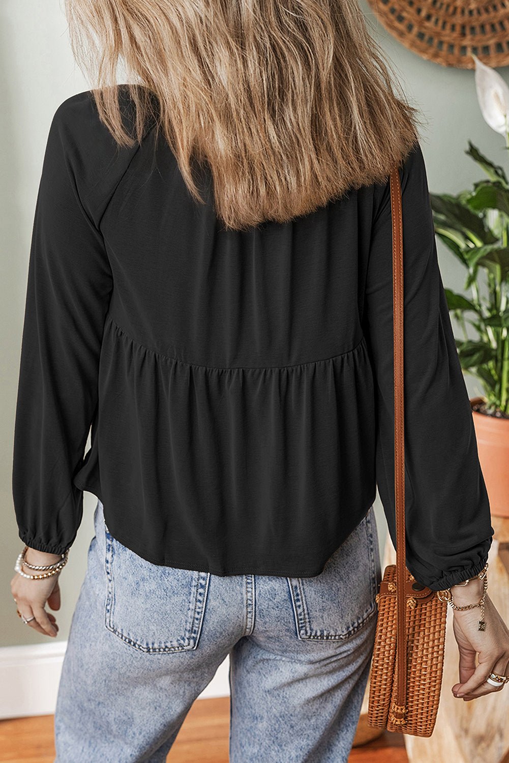 Black Smocked Bust Buttoned Split V Neck Flowy Blouse - MAD RUFFI