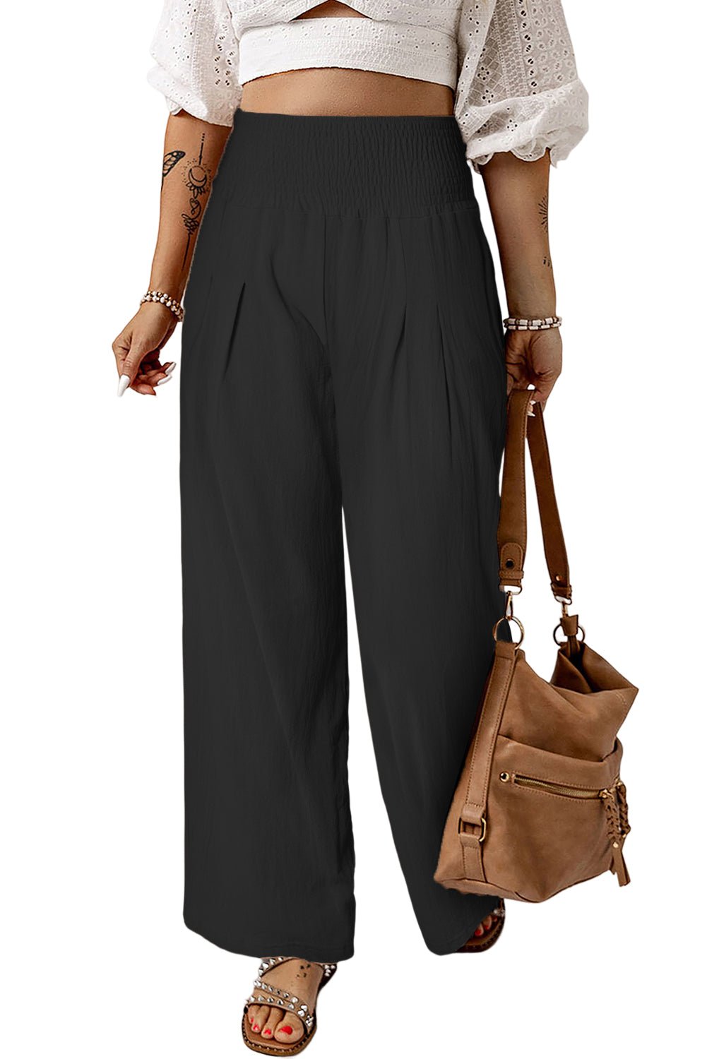 black smocked wide waistband high waist wide leg pants - MAD RUFFI