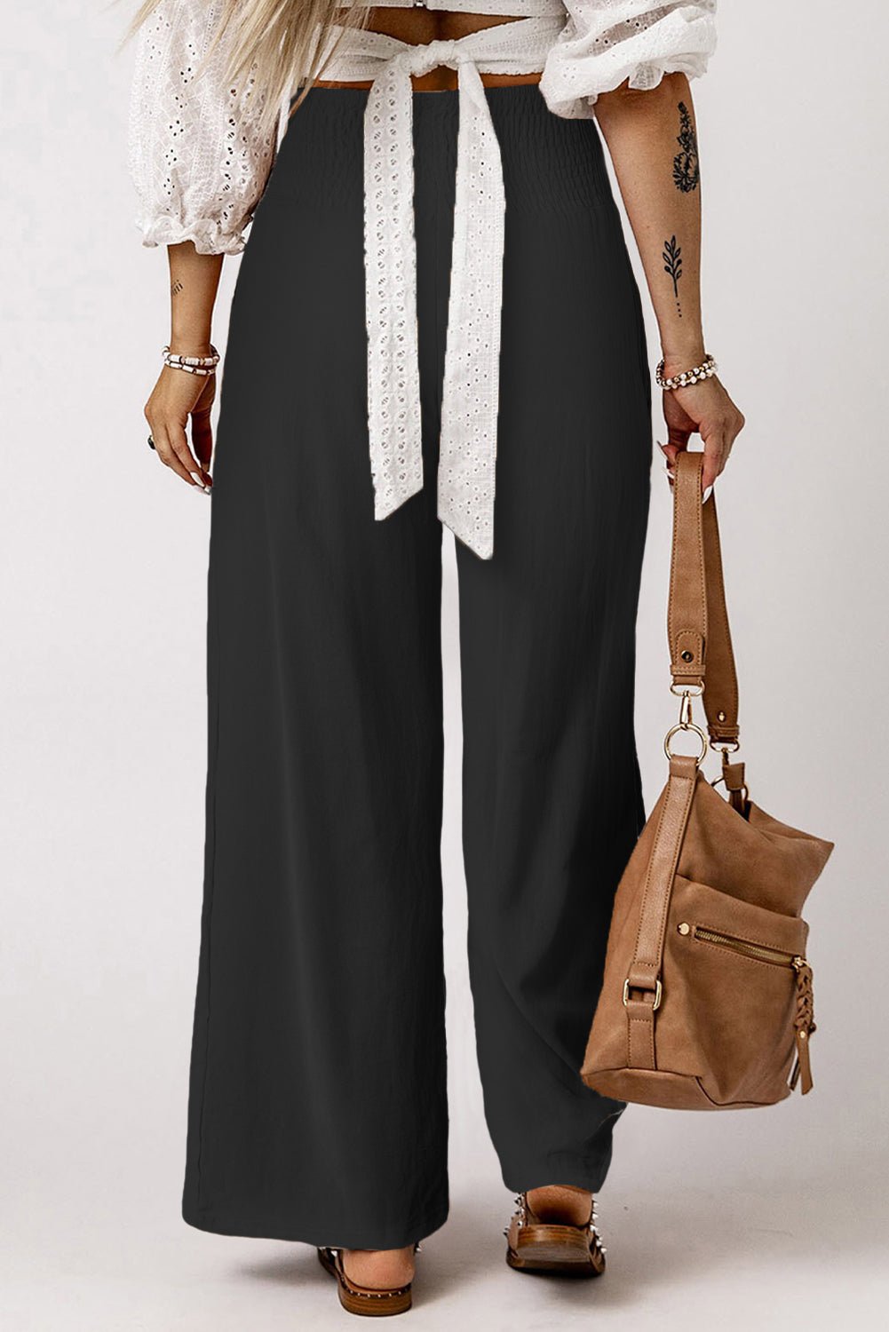 black smocked wide waistband high waist wide leg pants - MAD RUFFI