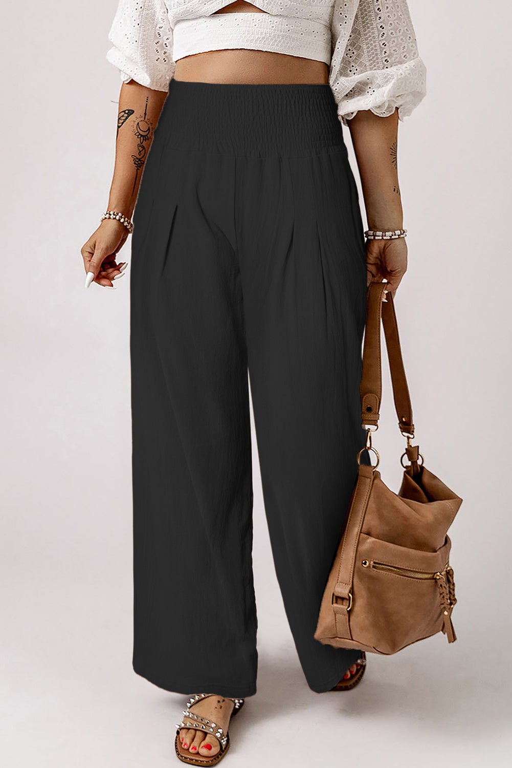 black smocked wide waistband high waist wide leg pants - MAD RUFFI