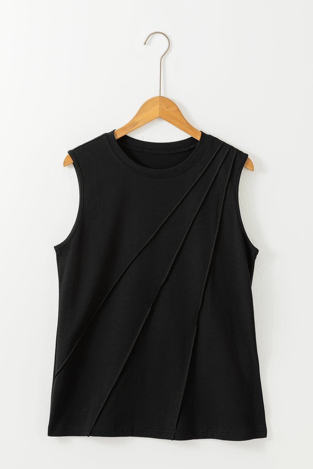 Black Solid Color Crew Neck Pleated Sleeveless Top - MAD RUFFI