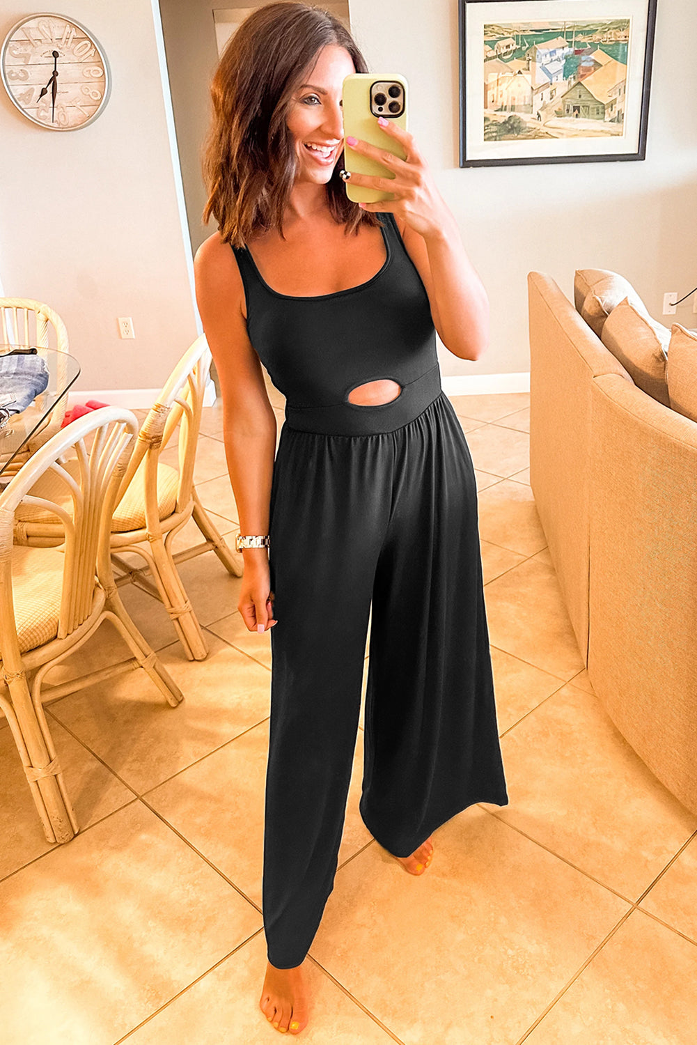 Black Solid Color Cutout Wide Leg Jumpsuit - MAD RUFFI