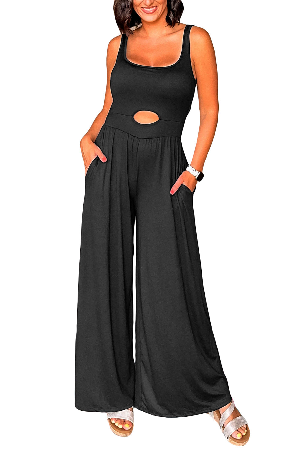 Black Solid Color Cutout Wide Leg Jumpsuit - MAD RUFFI