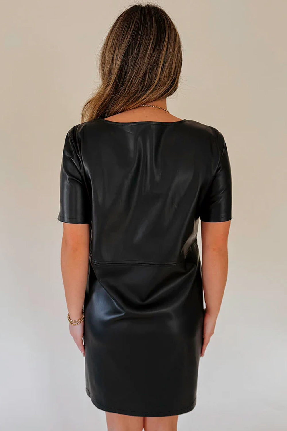 Black Solid Color Faux Leather Short Sleeve Mini Dress - Short Dresses