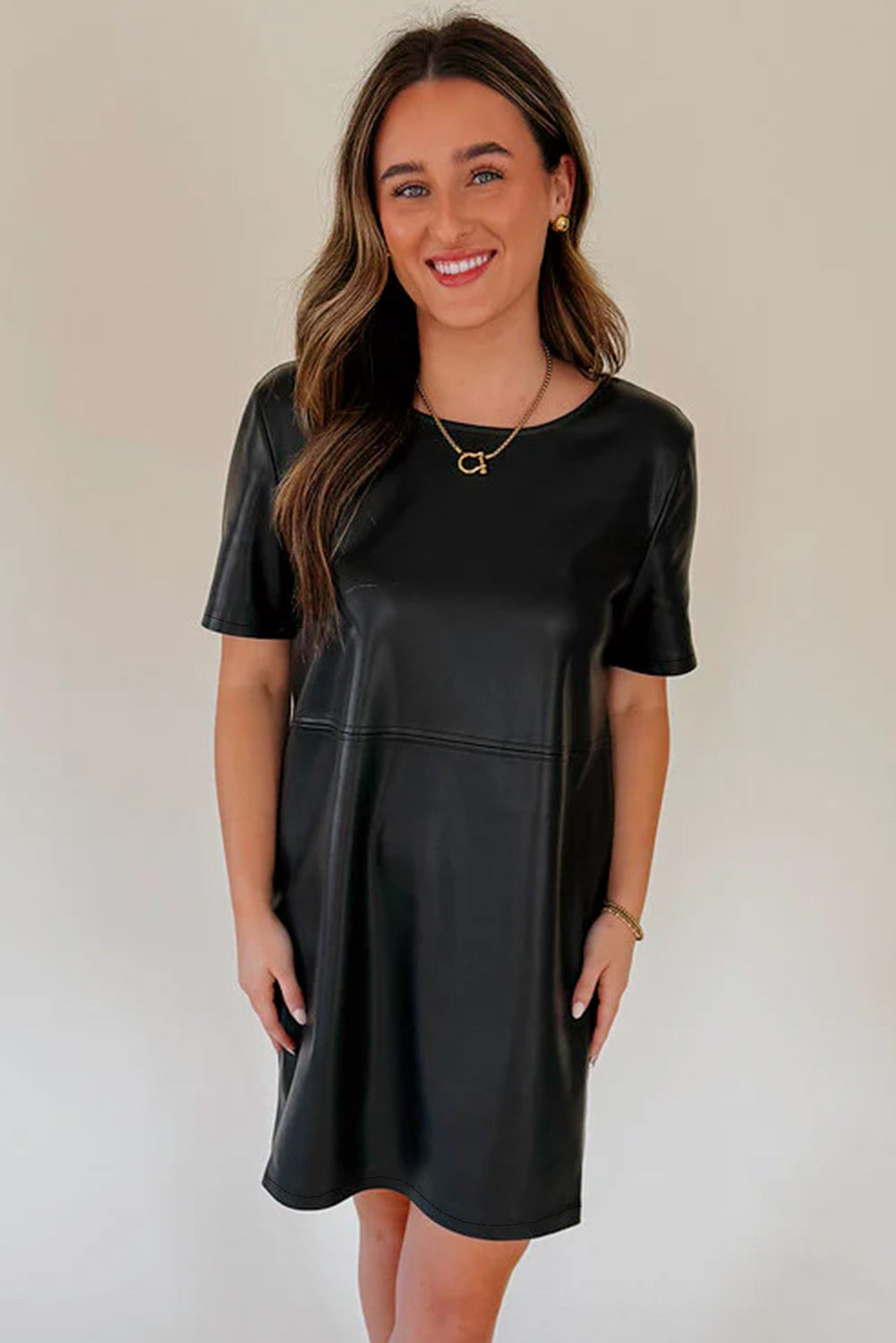 Black Solid Color Faux Leather Short Sleeve Mini Dress - Short Dresses