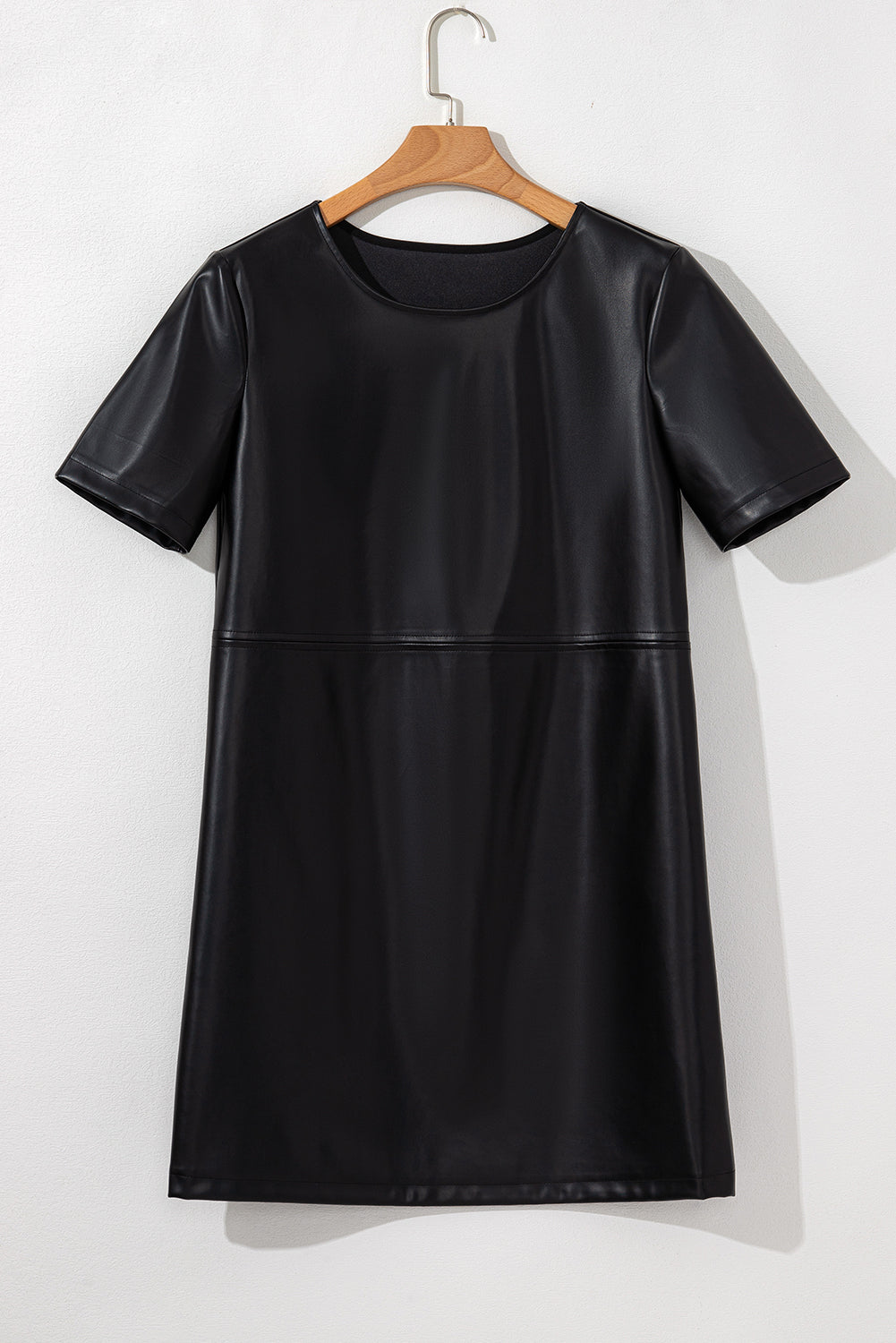 Black Solid Color Faux Leather Short Sleeve Mini Dress - Short Dresses