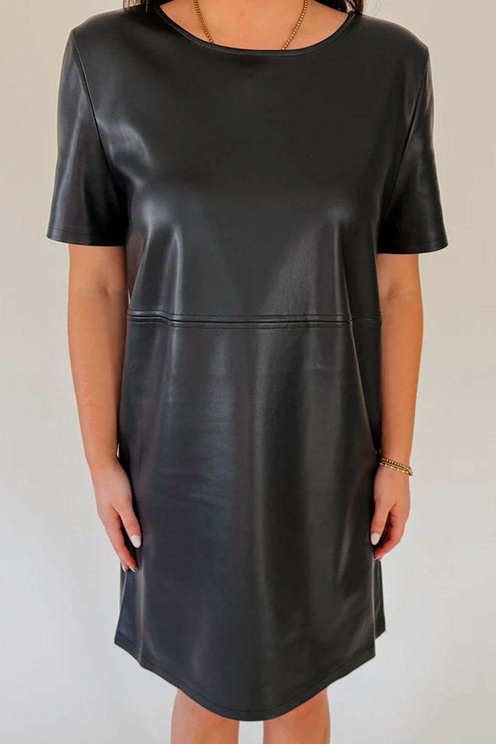 Black Solid Color Faux Leather Short Sleeve Mini Dress - Short Dresses