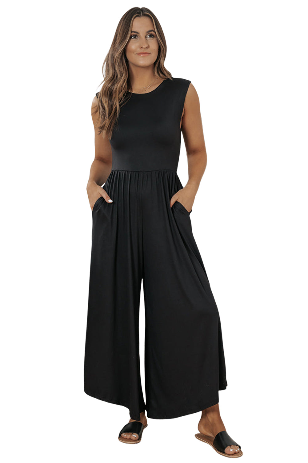 Black Solid Color Open Back Sleeveless Wide Leg Jumpsuit - MAD RUFFI