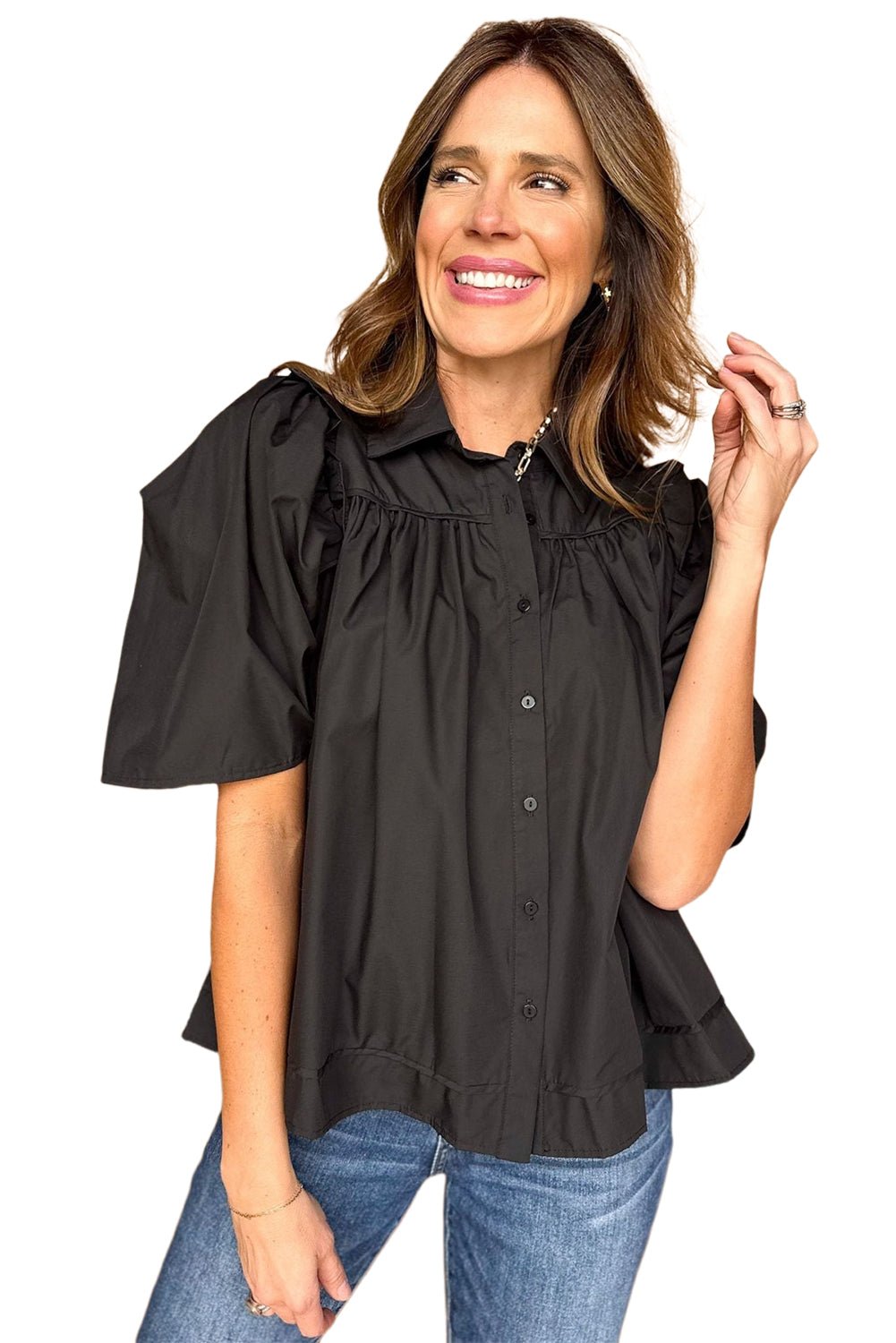 Black Solid Color Puff Sleeve Stylish Collared Shirt - MAD RUFFI