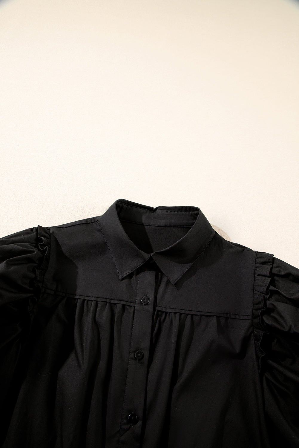 Black Solid Color Puff Sleeve Stylish Collared Shirt - MAD RUFFI
