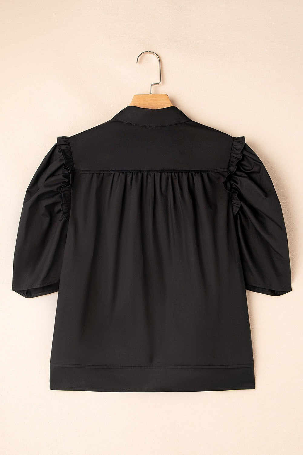 Black Solid Color Puff Sleeve Stylish Collared Shirt - MAD RUFFI