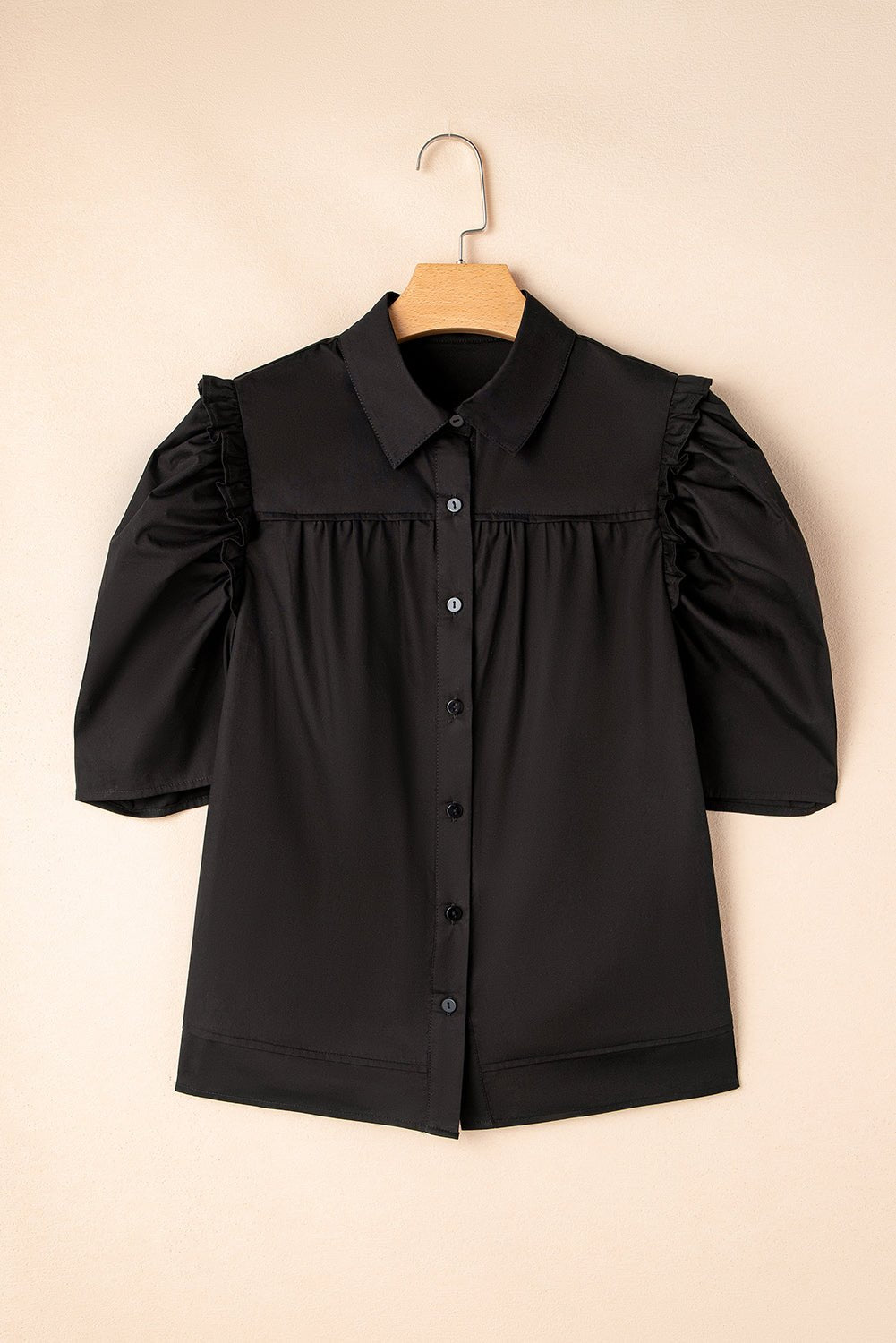 Black Solid Color Puff Sleeve Stylish Collared Shirt - MAD RUFFI