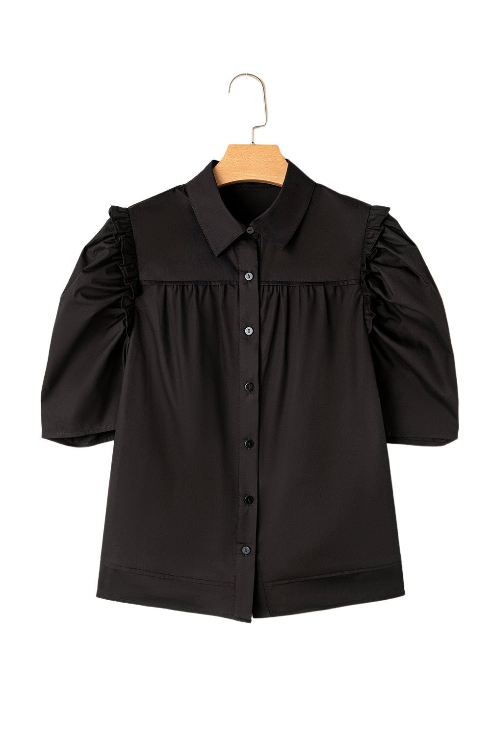 Black Solid Color Puff Sleeve Stylish Collared Shirt - MAD RUFFI