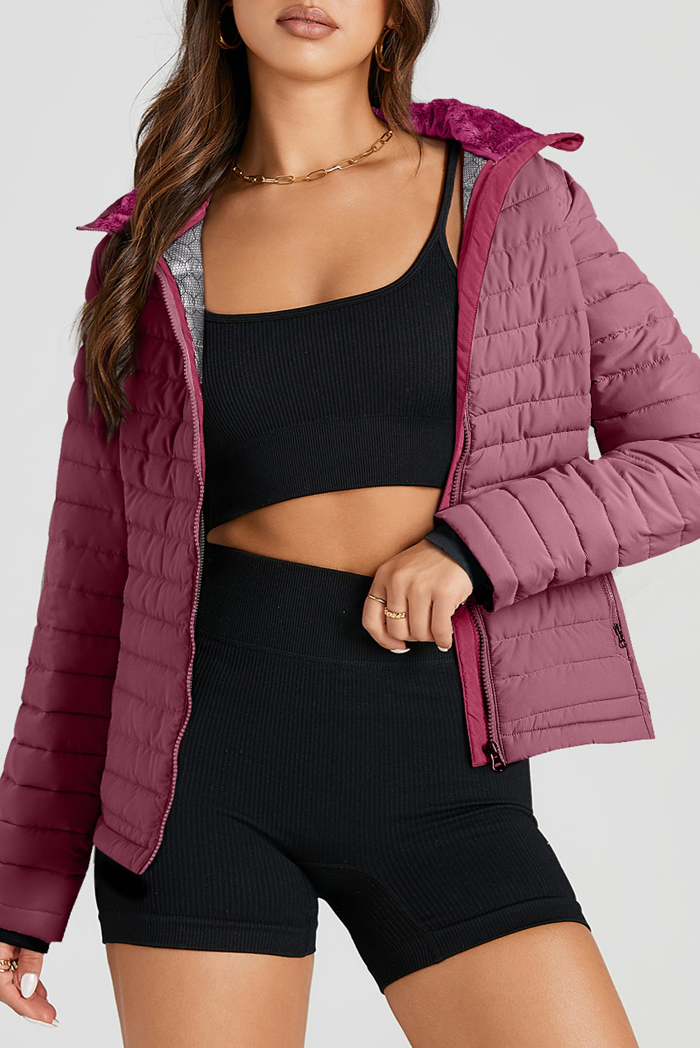 Black Solid Color Quilted Zip-up Puffer Jacket - MAD RUFFI