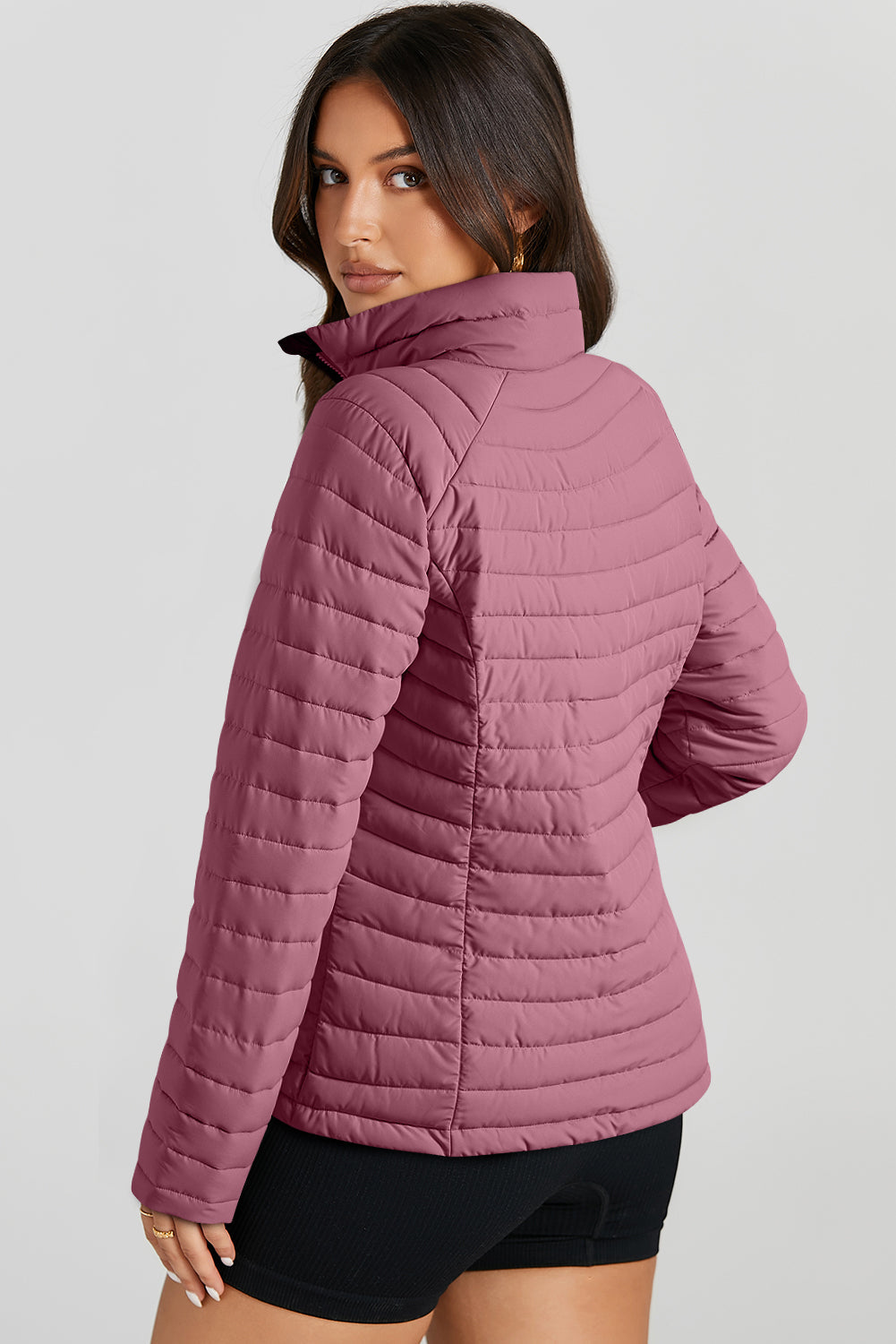 Black Solid Color Quilted Zip-up Puffer Jacket - MAD RUFFI