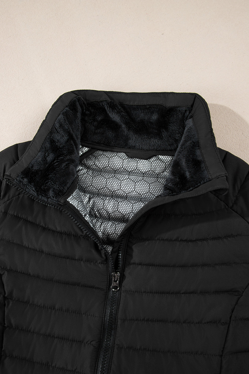 Black Solid Color Quilted Zip-up Puffer Jacket - MAD RUFFI