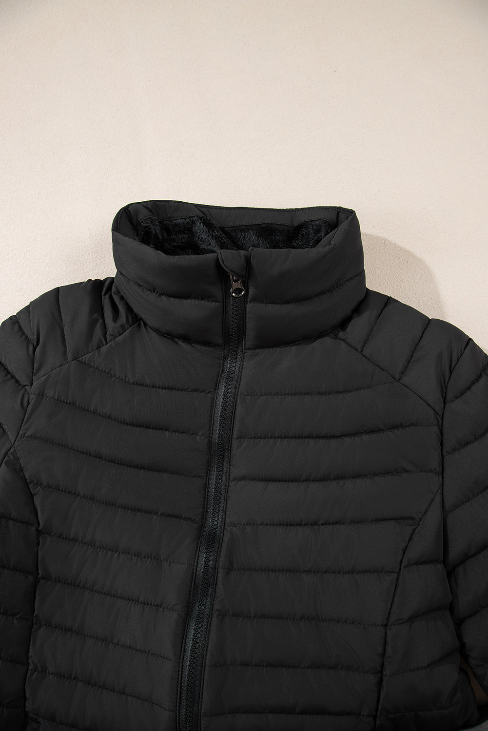 Black Solid Color Quilted Zip-up Puffer Jacket - MAD RUFFI