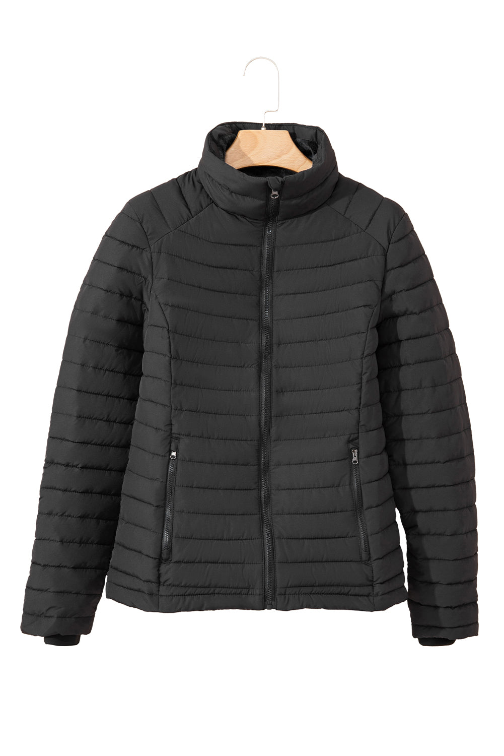 Black Solid Color Quilted Zip-up Puffer Jacket - MAD RUFFI