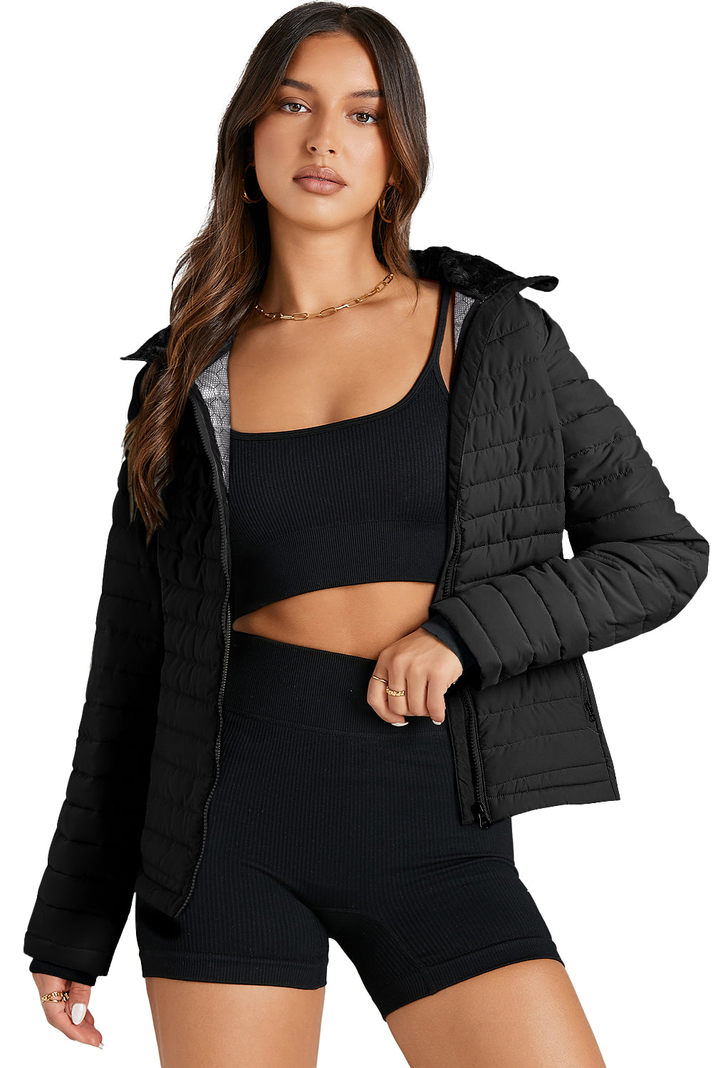 Black Solid Color Quilted Zip-up Puffer Jacket - MAD RUFFI