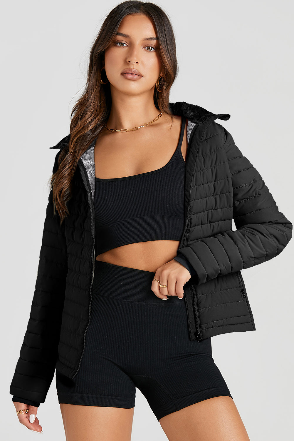 Black Solid Color Quilted Zip-up Puffer Jacket - MAD RUFFI