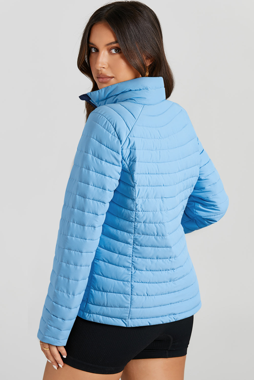 Black Solid Color Quilted Zip-up Puffer Jacket - MAD RUFFI