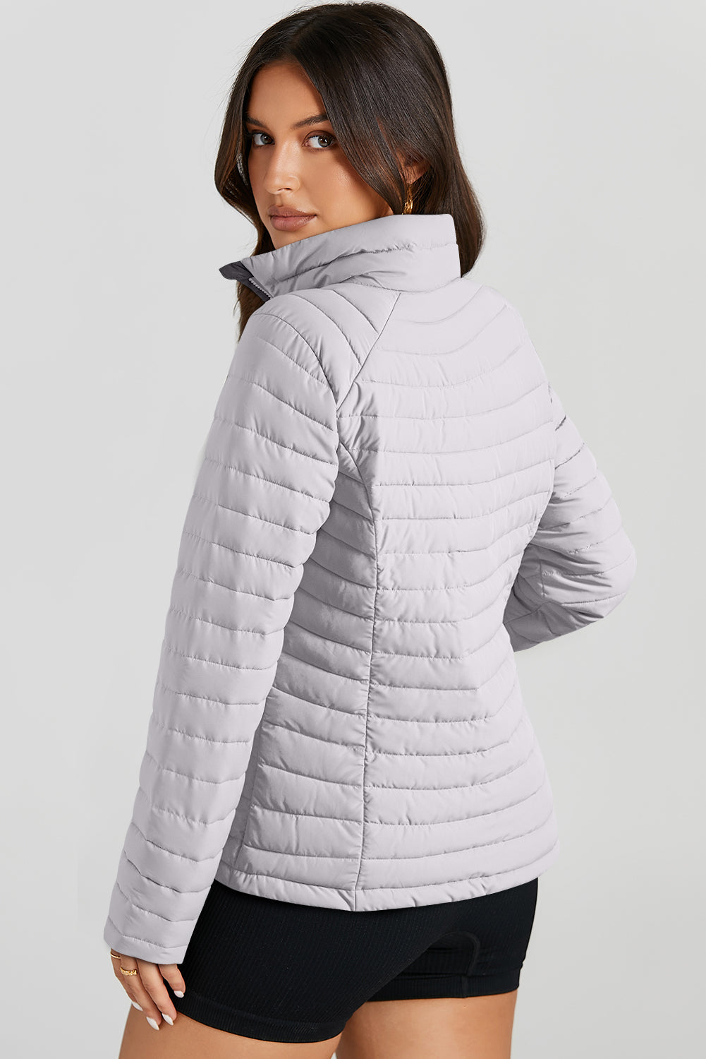 Black Solid Color Quilted Zip-up Puffer Jacket - MAD RUFFI