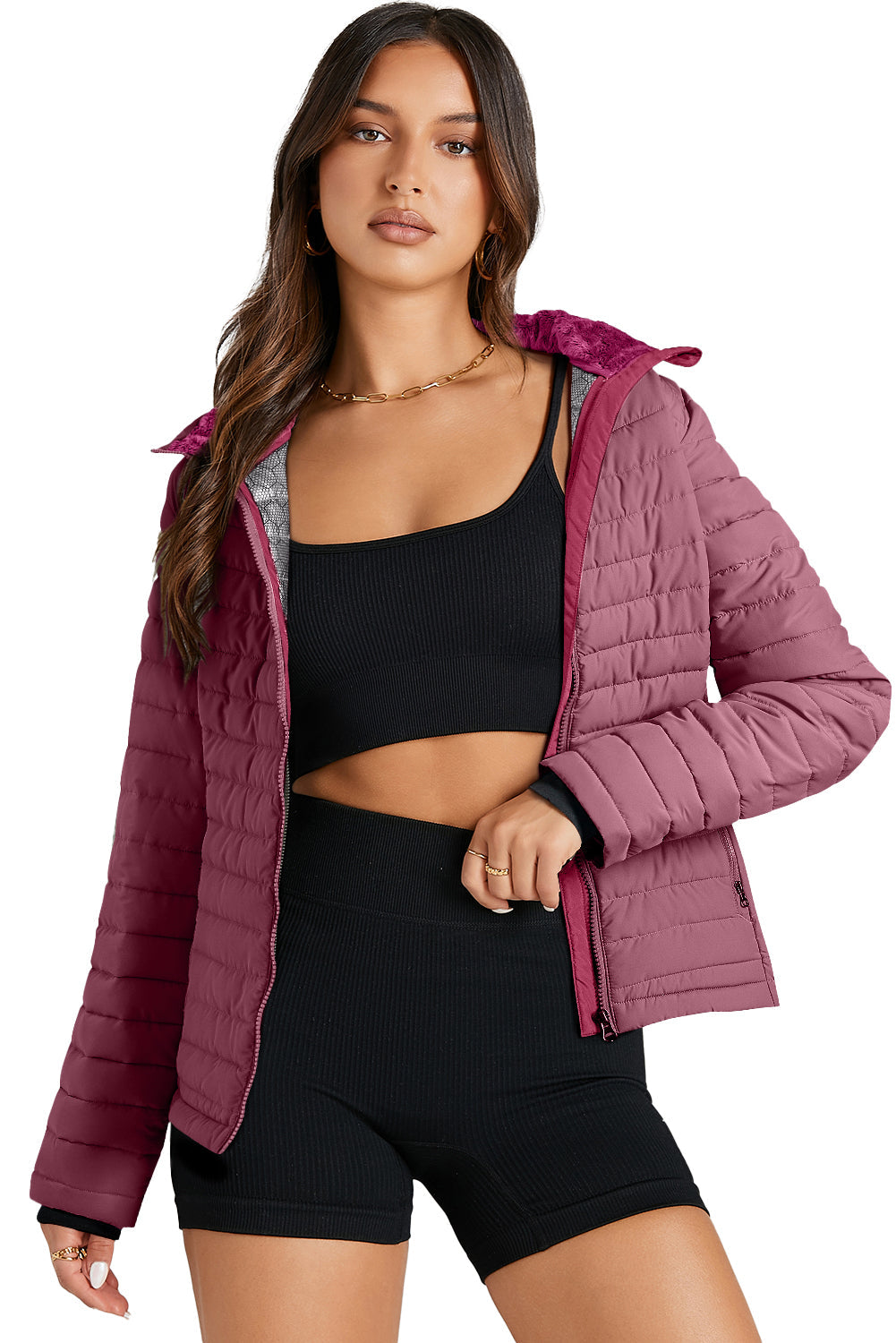 Black Solid Color Quilted Zip-up Puffer Jacket - MAD RUFFI