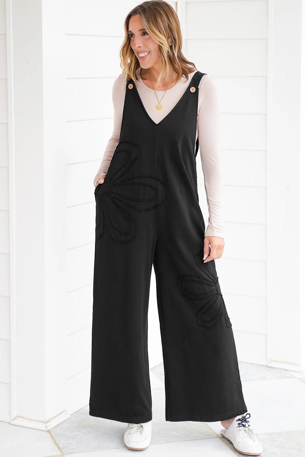Black Solid Color Raw Seam Big Flower Patched Loose Overall Jumpsuit - MAD RUFFI