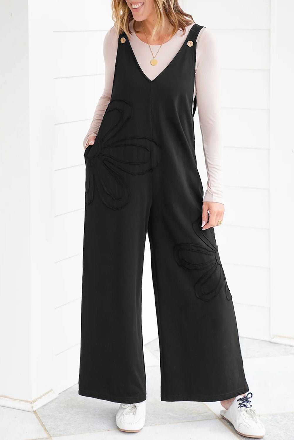 Black Solid Color Raw Seam Big Flower Patched Loose Overall Jumpsuit - MAD RUFFI