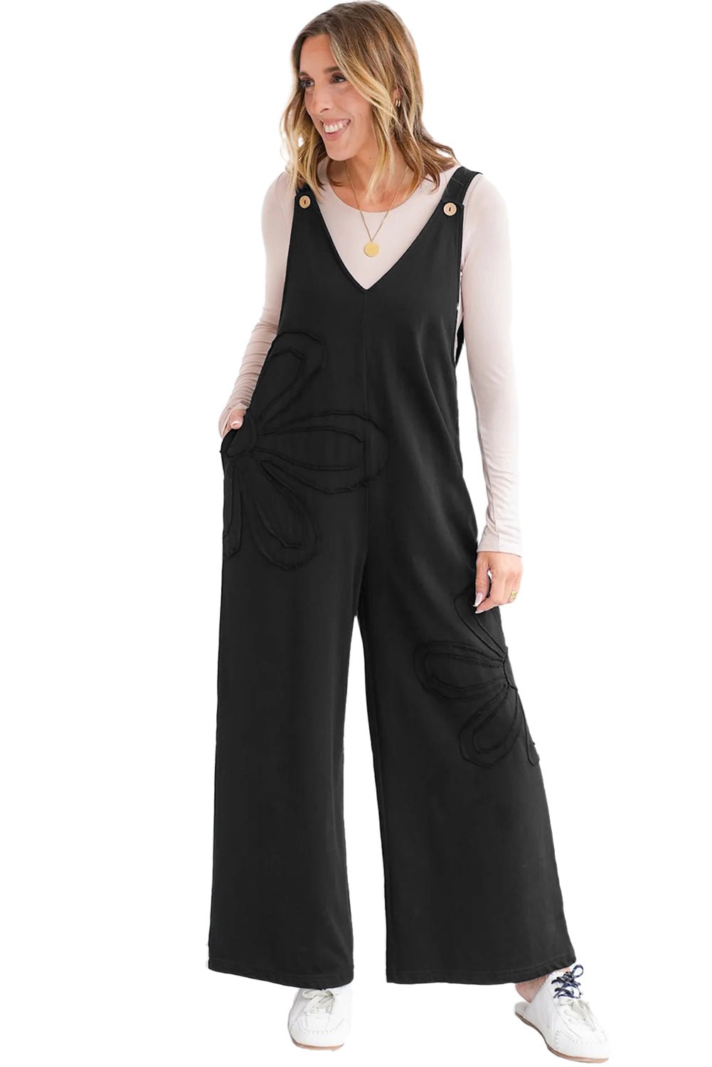 Black Solid Color Raw Seam Big Flower Patched Loose Overall Jumpsuit - MAD RUFFI