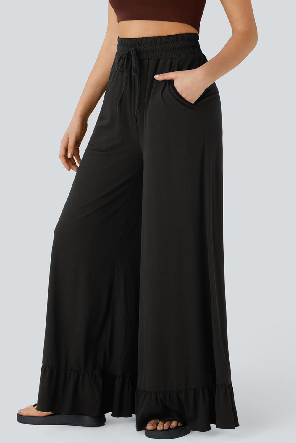 Black Solid Color Ruffle Hem Wide Leg Pants - MAD RUFFI