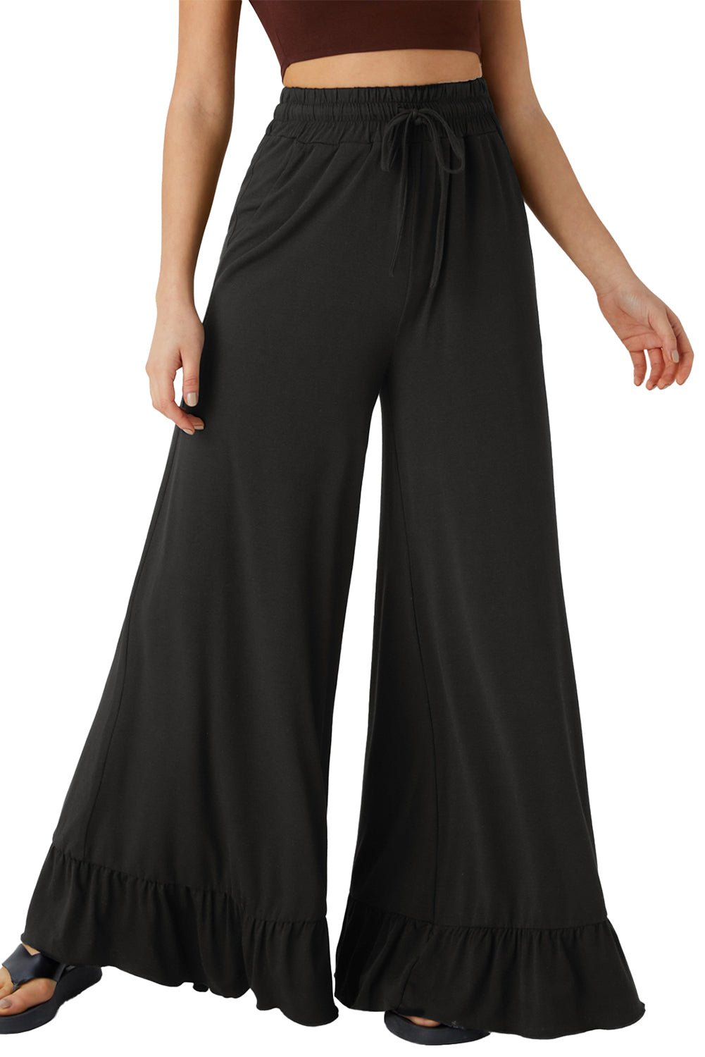 Black Solid Color Ruffle Hem Wide Leg Pants - MAD RUFFI