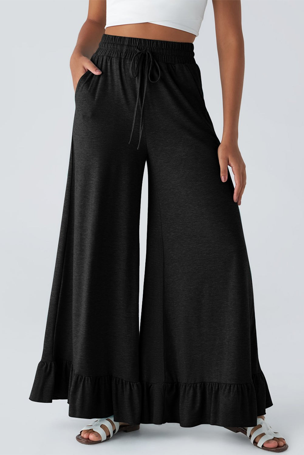 Black Solid Color Ruffle Hem Wide Leg Pants - MAD RUFFI