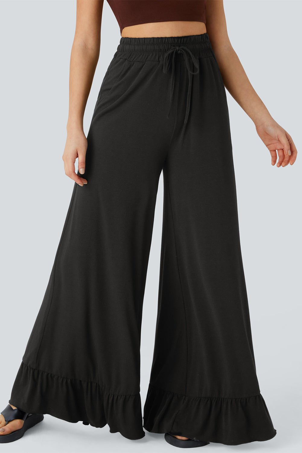 Black Solid Color Ruffle Hem Wide Leg Pants - MAD RUFFI
