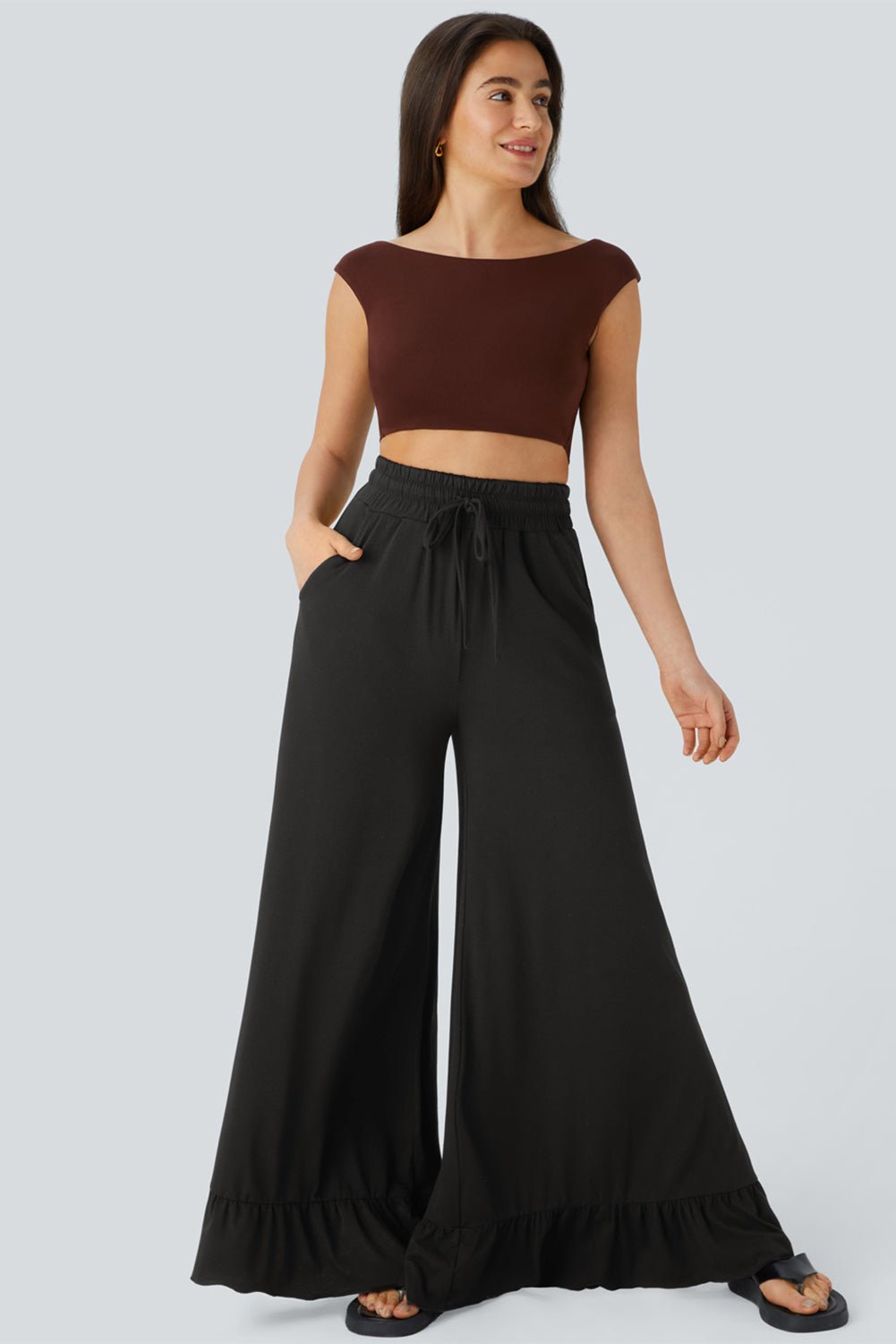 Black Solid Color Ruffle Hem Wide Leg Pants - MAD RUFFI