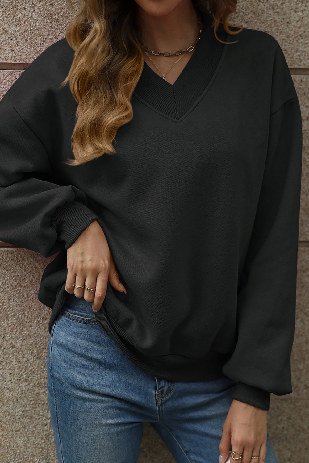 Black Solid Colour V - Neck Loose Fit Sweatshirt - MAD RUFFI