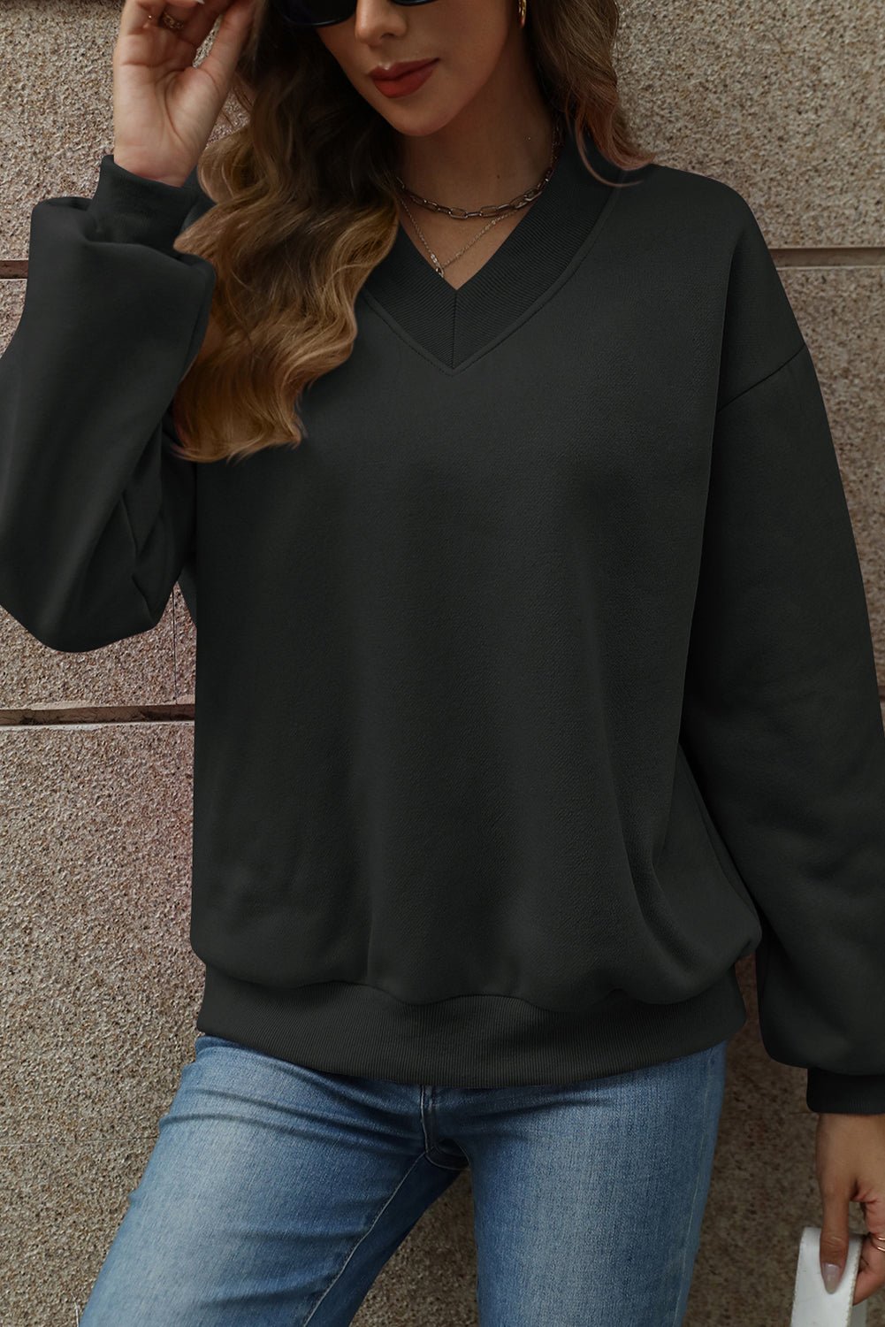 Black Solid Colour V - Neck Loose Fit Sweatshirt - MAD RUFFI