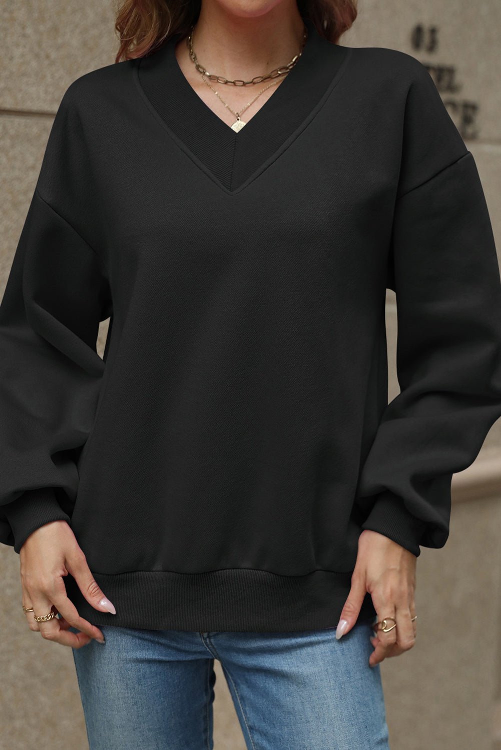 Black Solid Colour V - Neck Loose Fit Sweatshirt - MAD RUFFI