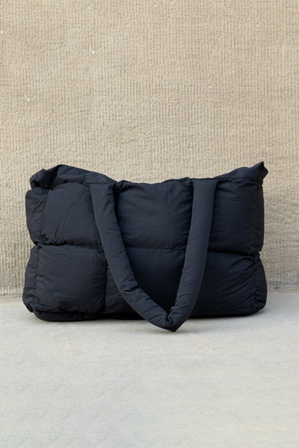 Black Solid Quilted Puffy Zipped Large Tote Bag - MAD RUFFI