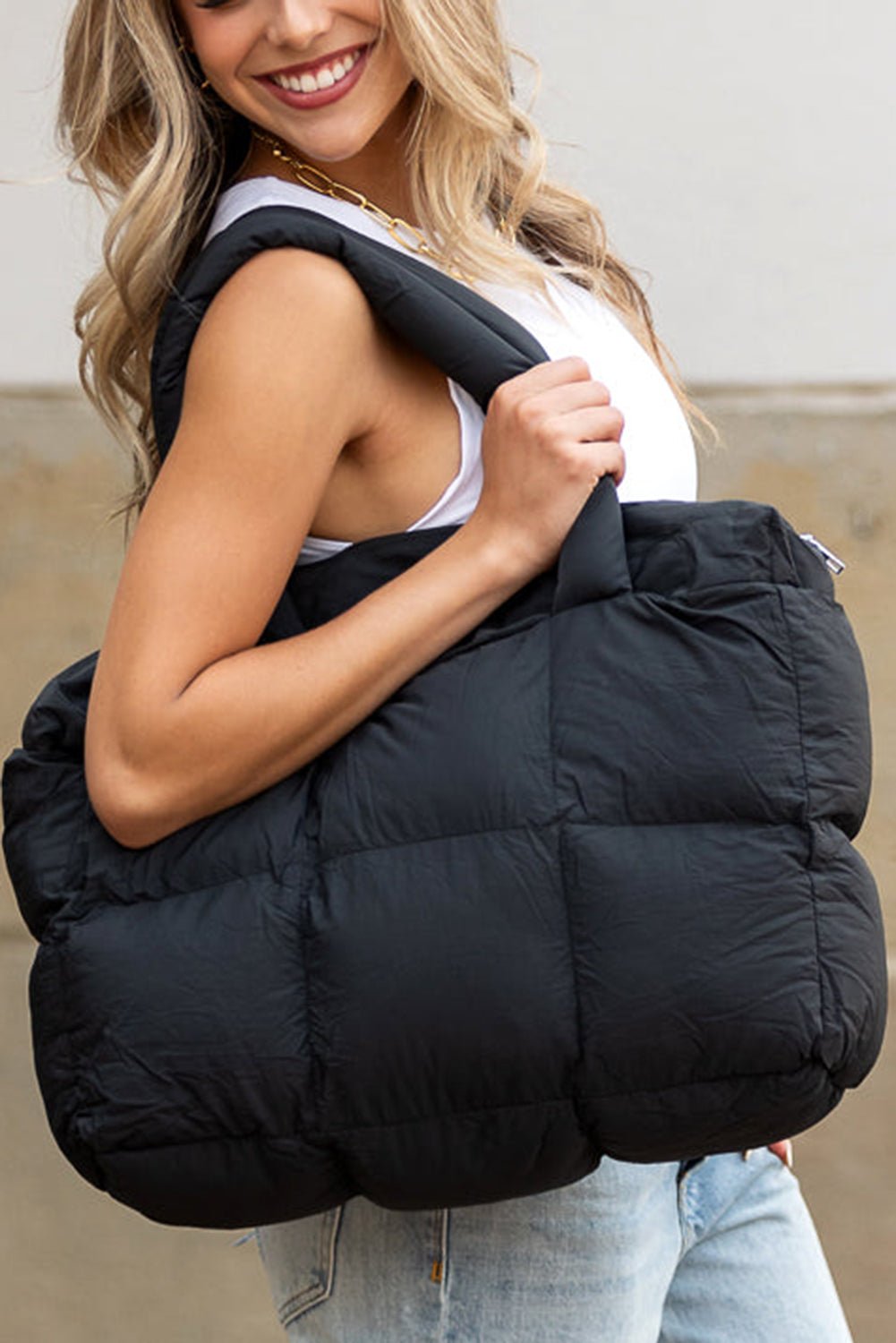 Black Solid Quilted Puffy Zipped Large Tote Bag - MAD RUFFI