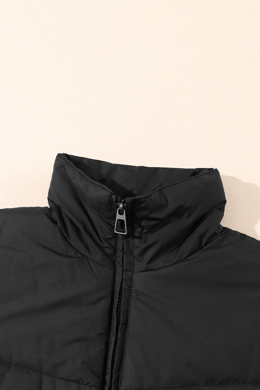 Black Solid Zip Up Pocketed Puffer Coat - MAD RUFFI