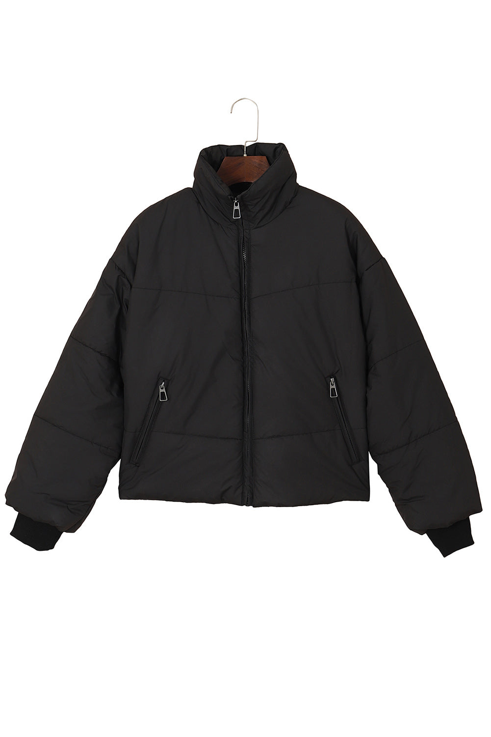 Black Solid Zip Up Pocketed Puffer Coat - MAD RUFFI