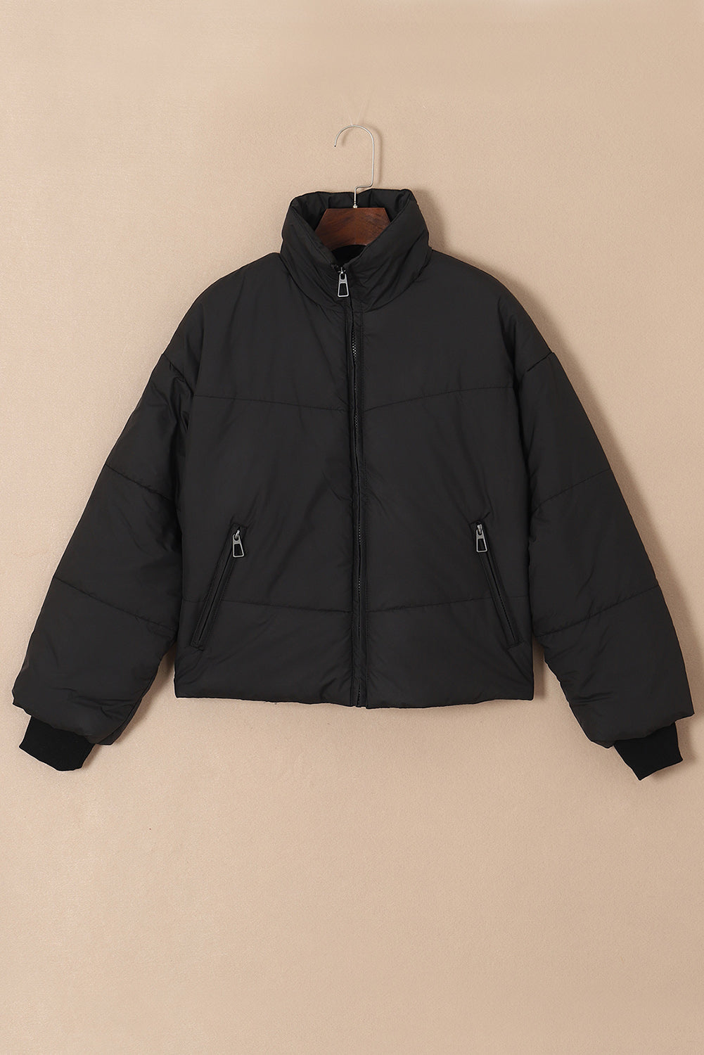 Black Solid Zip Up Pocketed Puffer Coat - MAD RUFFI