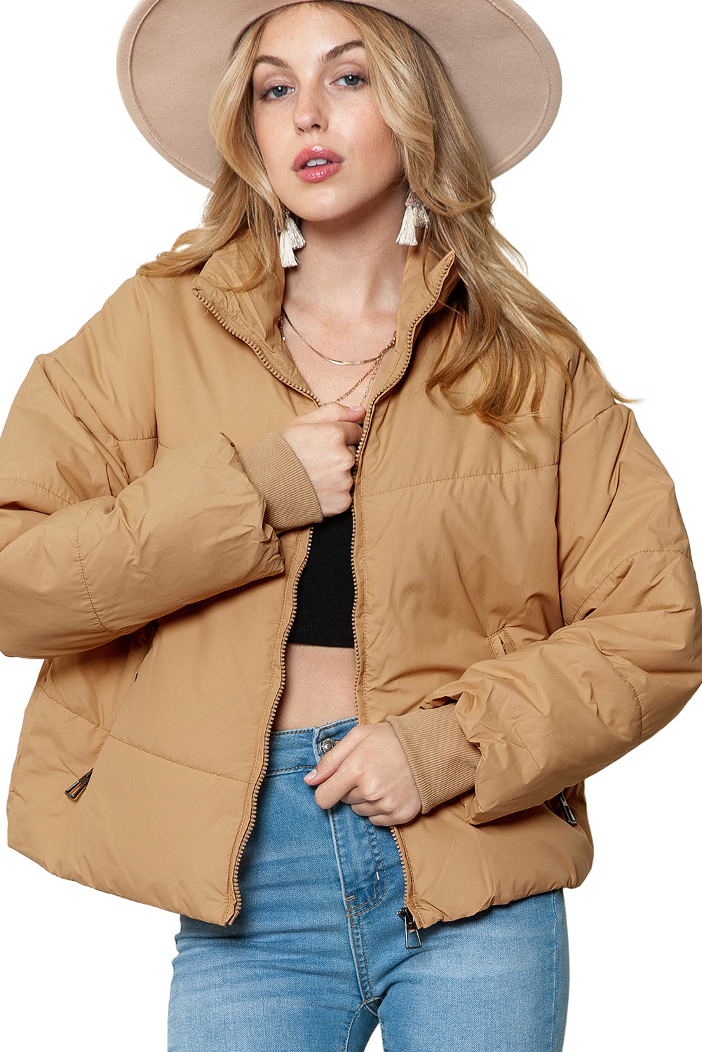 Black Solid Zip Up Pocketed Puffer Coat - MAD RUFFI