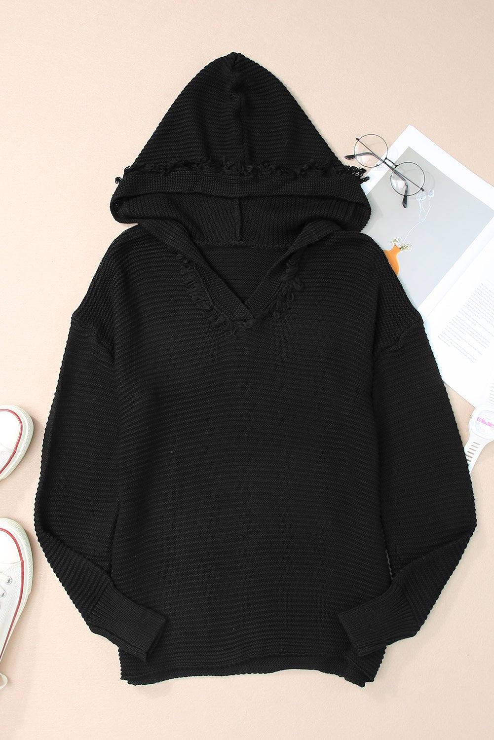 Black Split V Neck Pullover Knit Hooded Sweater - MAD RUFFI